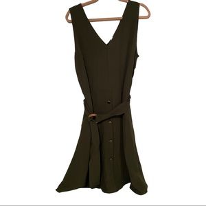 Luxology olive green gold button rayon belted v neck  fit and flare dress XL NWT